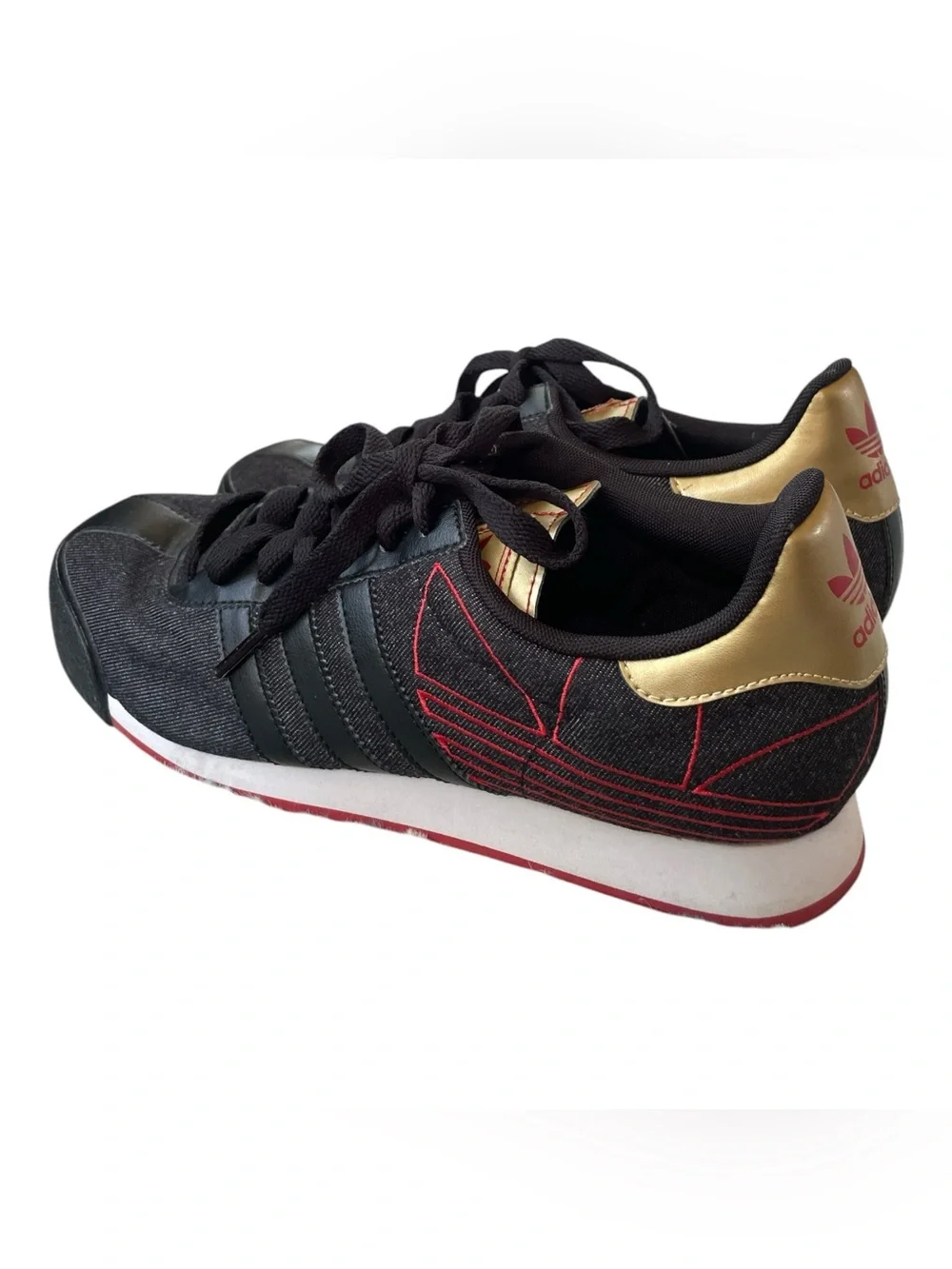 Adidas Samoa Men 8.5 Women 10 Black Denim Gold Red Trefoil Retro Sneakers Shoes